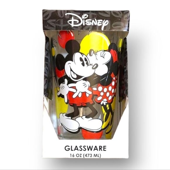 Disney Mickey Minnie Mouse Kiss Print 16oz Pint Glass Tumbler NWT - Picture 2 of 16